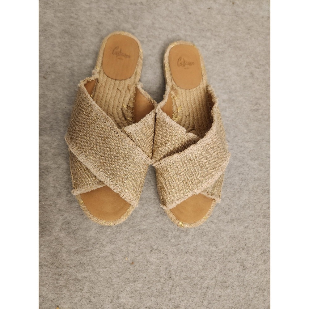 Castañer Shoes Womens Size 37 Beige Gold Espadrille Slide Sandals‎ Crisscross